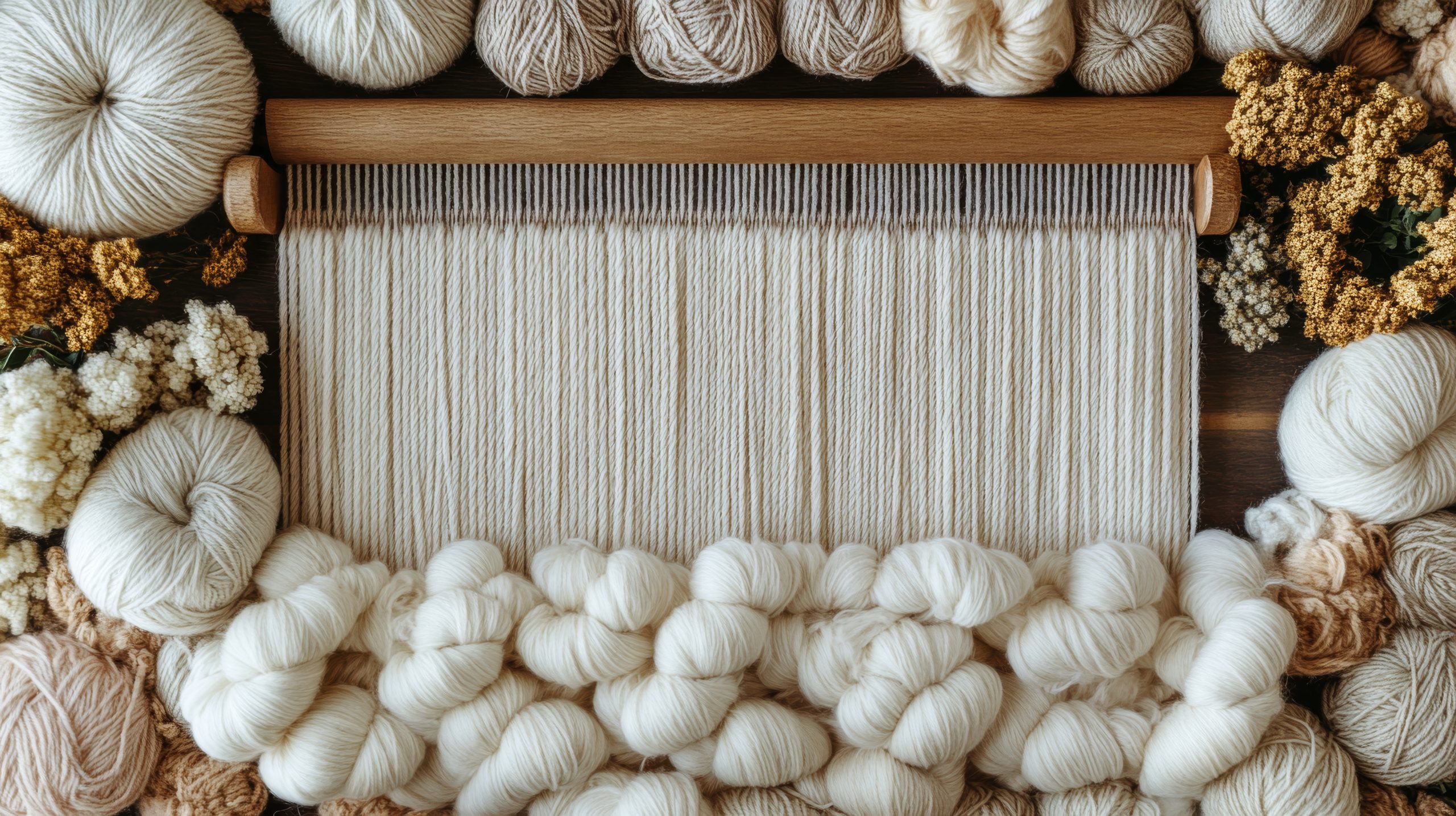 Soft yarns and a weaving loom are beautifully arranged on a wooden table, surrounded by delicate dried flowers, creating a serene crafting atmosphere.